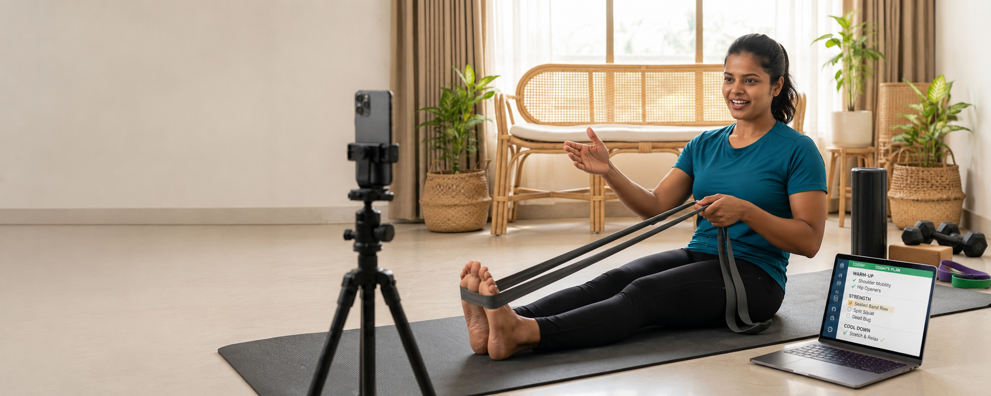 Coach Samiksha demonstrating a resistance band exercise during an online coaching session